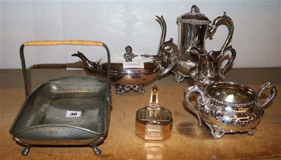 Plated coffee set, compass & pewter basket